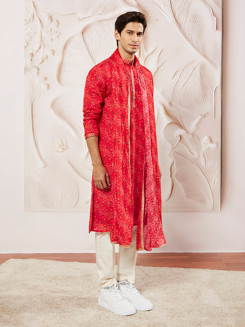 Men's Red And Cream Chinon Kurta And Pyjama Set.